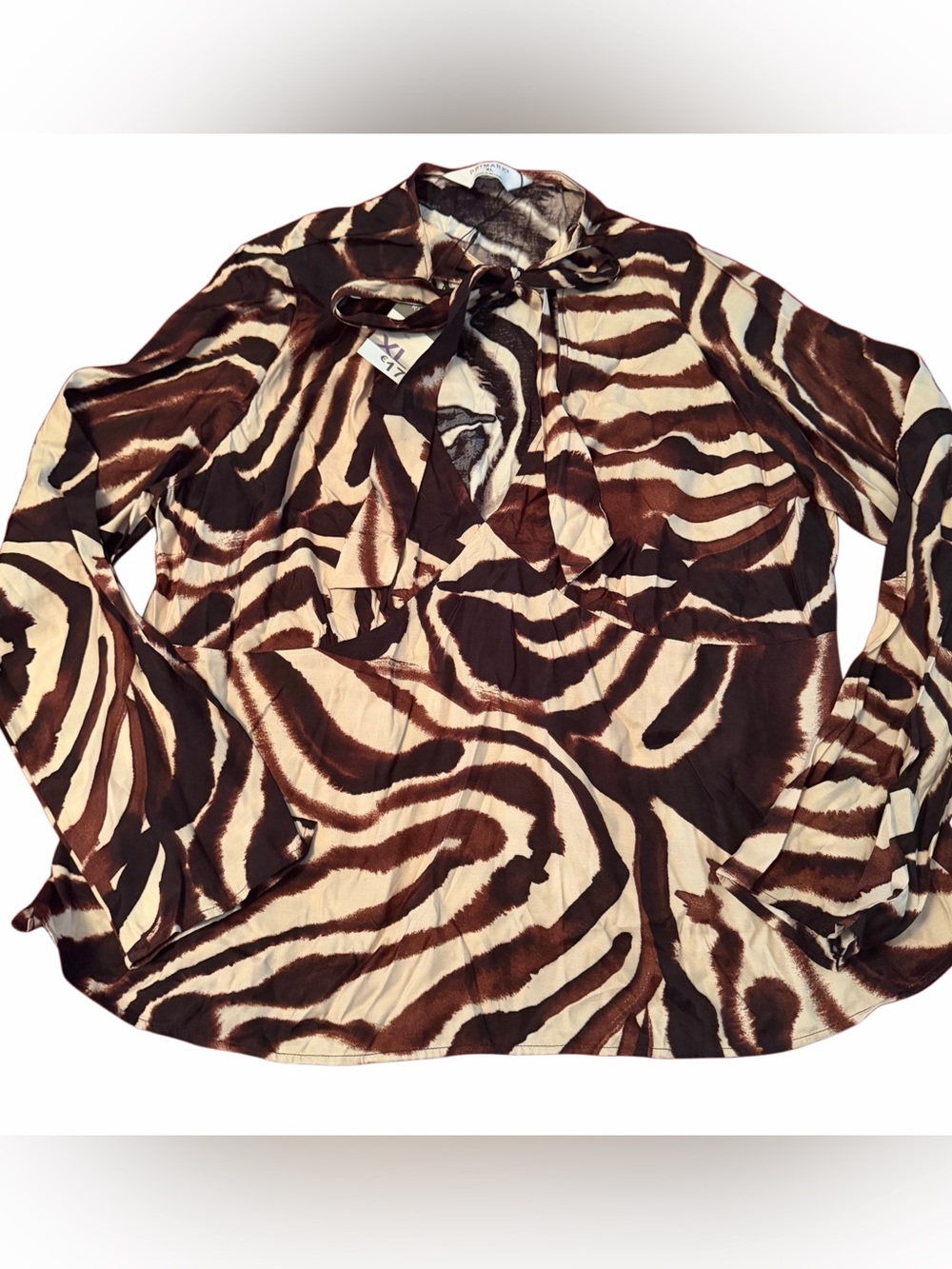 Primark Brown and Cream Tie-Neck Animal Print Blouse